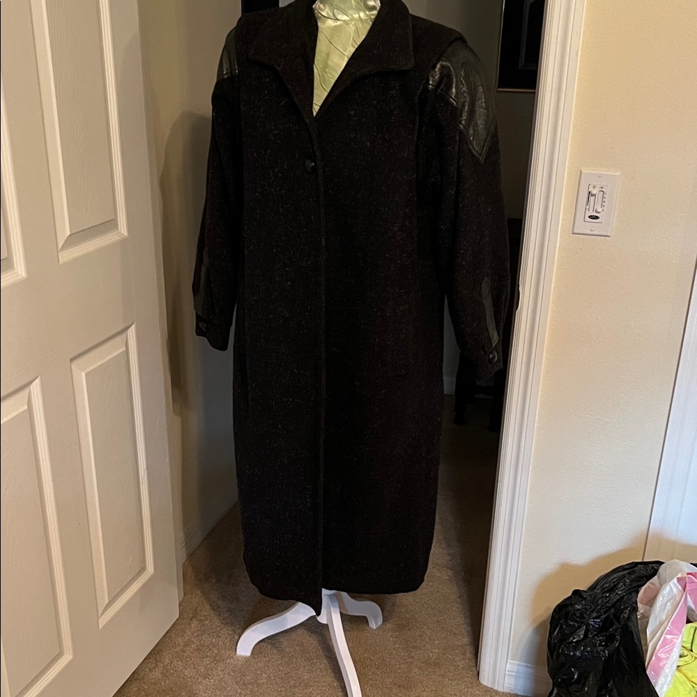 Stylish Black Trench Coat with Leather Accents